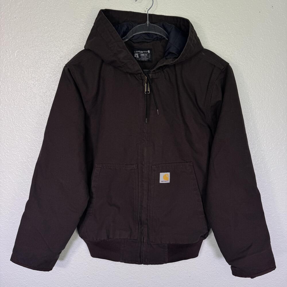 Carhartt J130 Jacket Mens Small Brown Washed Duck Canvas Hooded Quilted Workwear